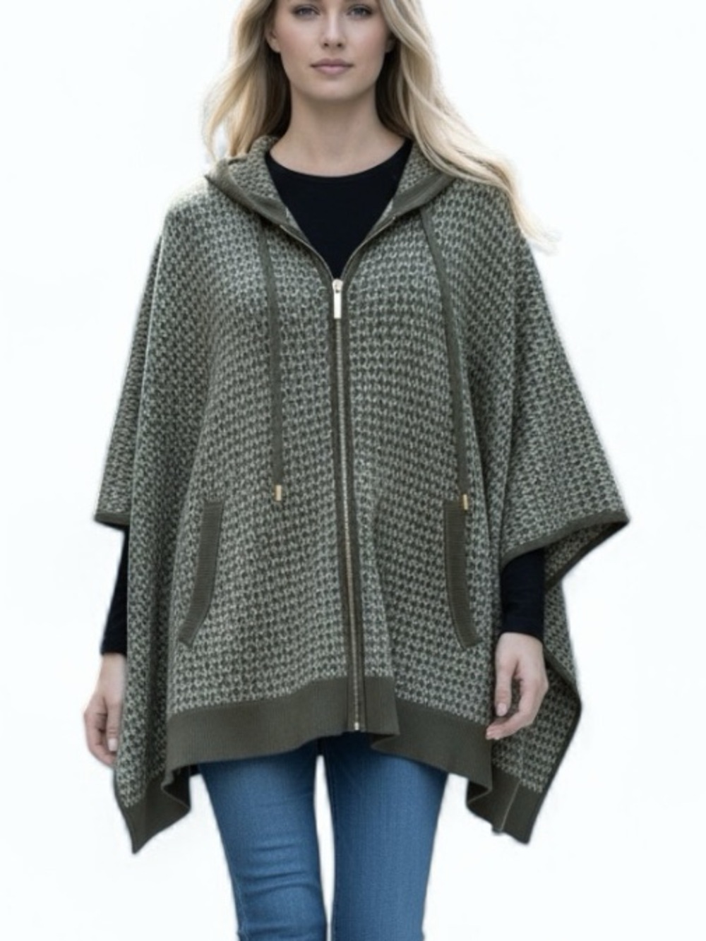 Michael Kors Logo Jacquard Hooded Poncho Sweater